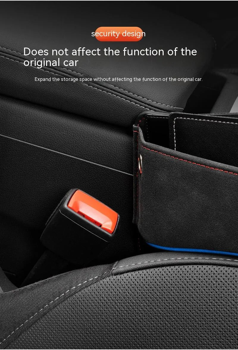 Leather car seat storage box in beige colour on a car seat.