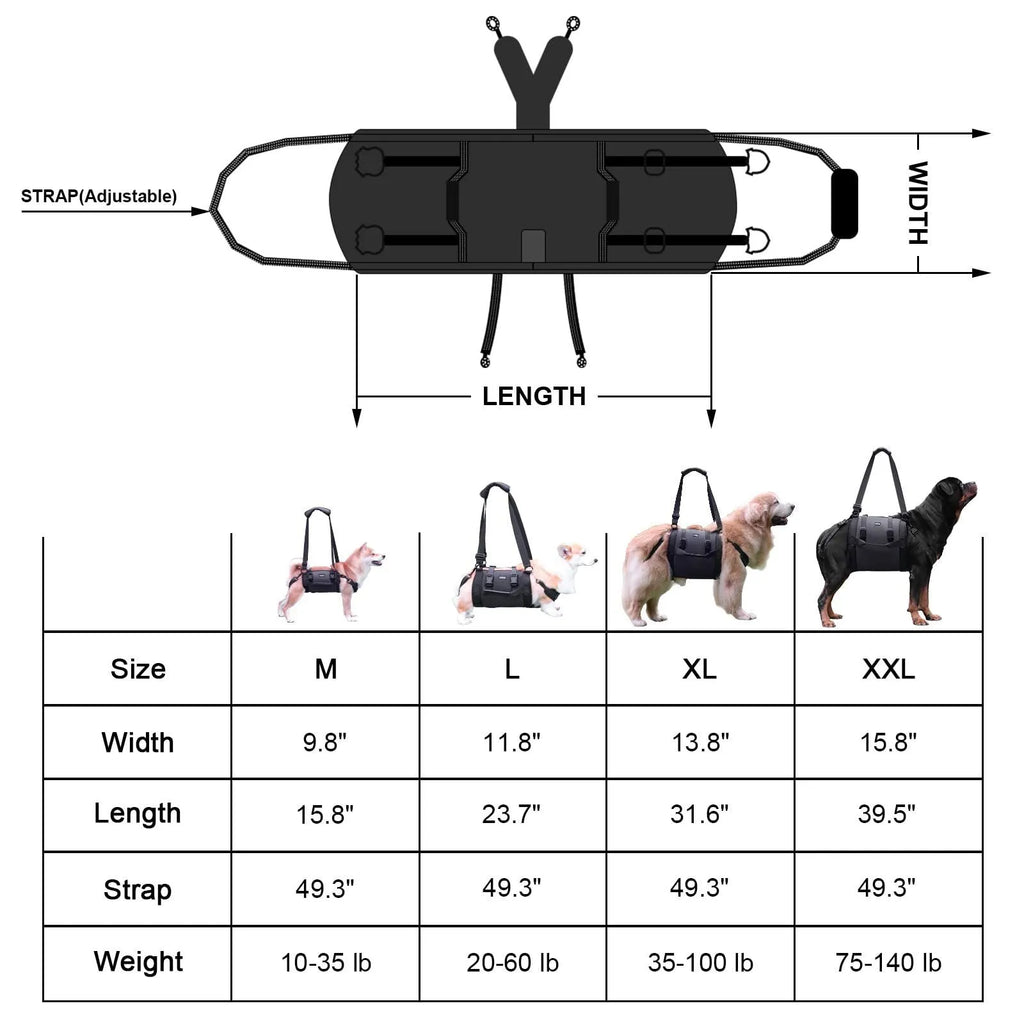 Black Oxford cloth dog rehabilitation harness with adjustable leg support straps