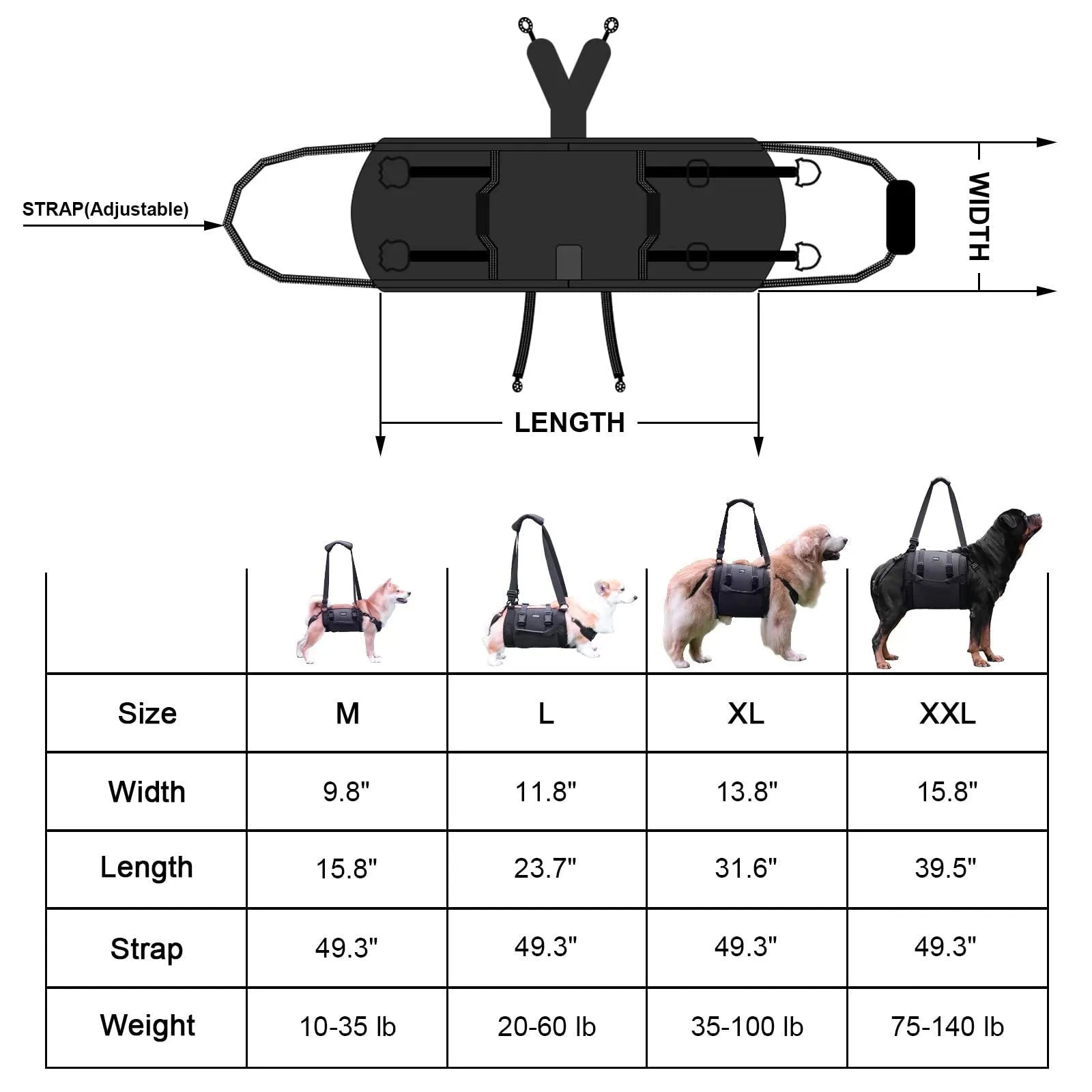 Black Oxford cloth dog rehabilitation harness with adjustable leg support straps