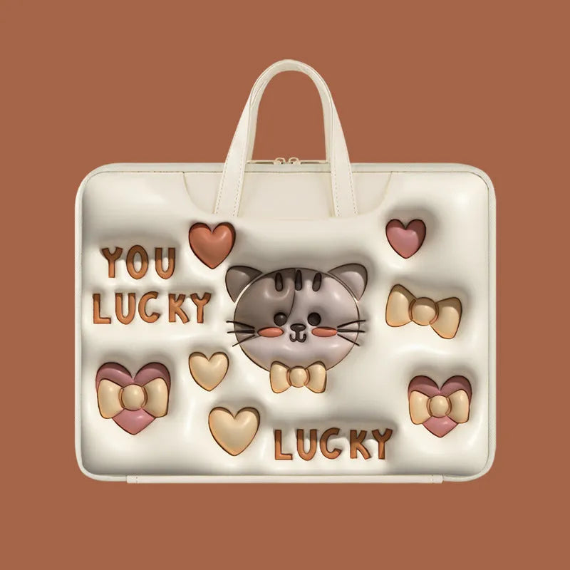 Inflatable laptop bag in PU leather with hanging handle attached to suitcase, showing cute star design