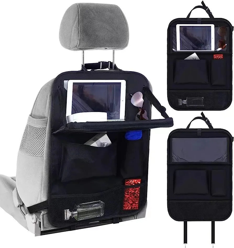 Black oxford cloth car seat back buggy bag measuring 42x30cm with hanging storage compartments