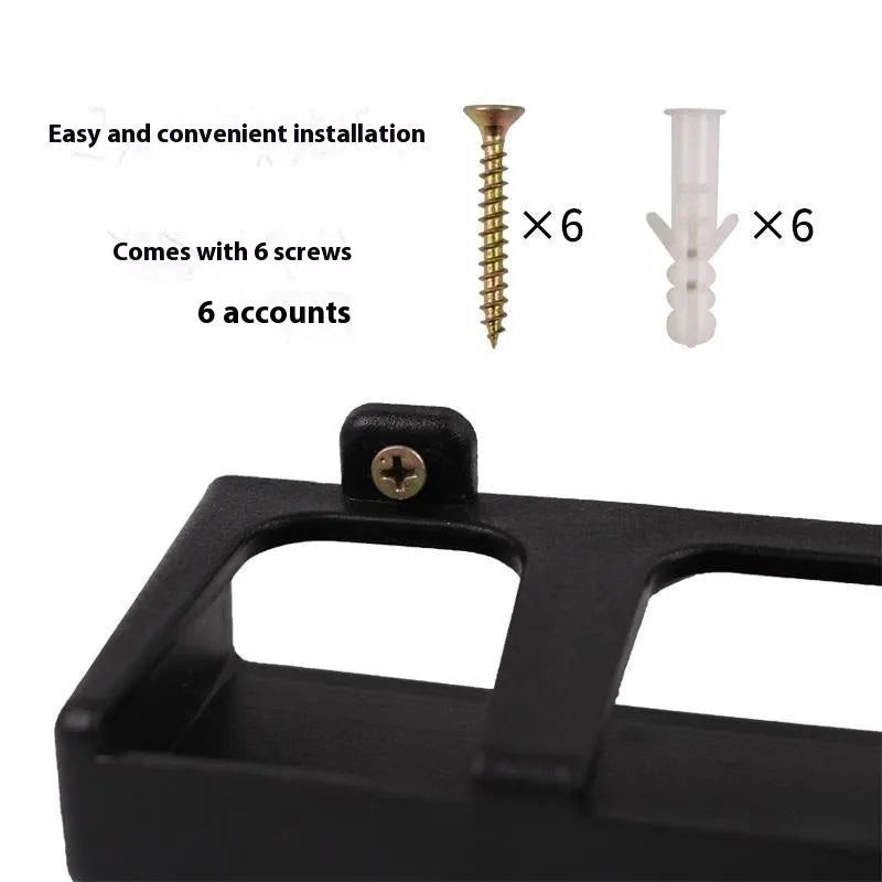 Black wall-mounted fishing rod holder stand in ABS plastic with self-tapping screws for upright or horizontal rod storage