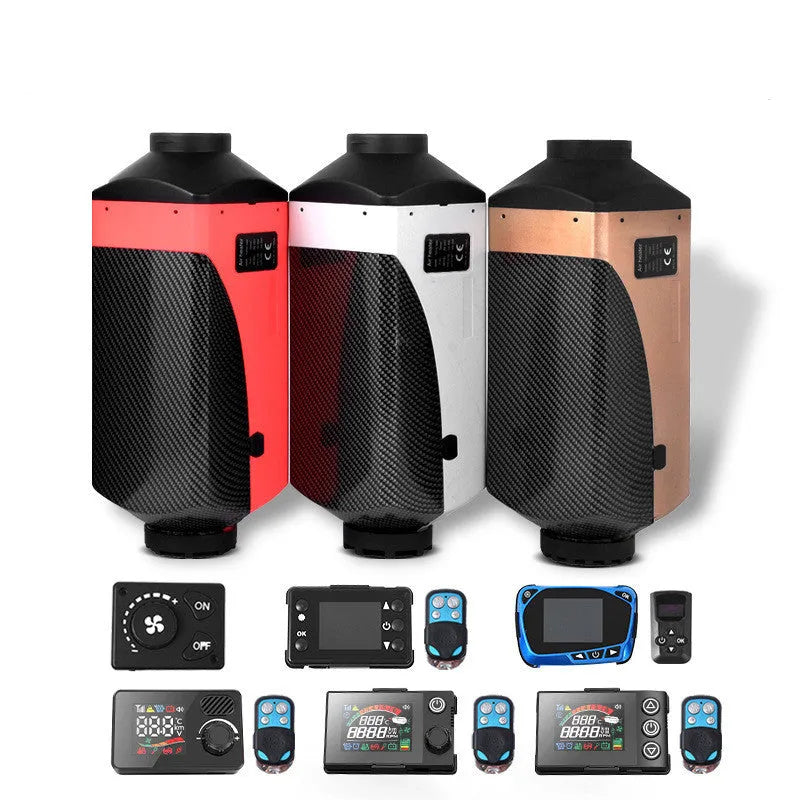 Red and black diesel air heater kit with wiring, pump, tank and installation components for trucks and RVs