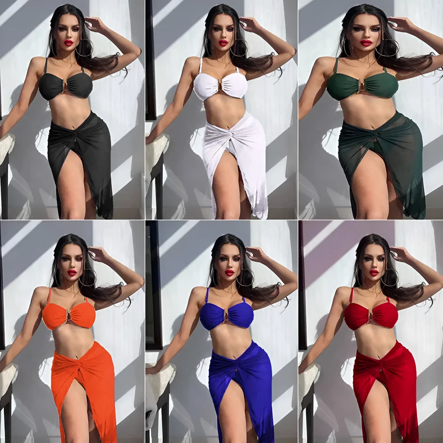 Women's multicolour three-piece bikini set with long culotte skirt for swimming sports