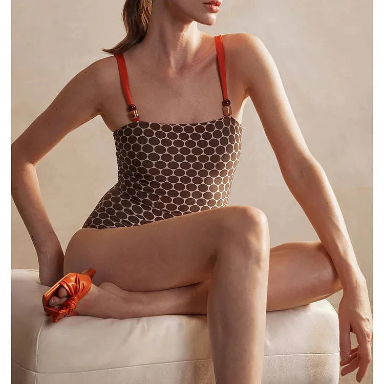 Women's dot print one-piece swimsuit with matching wrap skirt, polyester fabric, European and American style