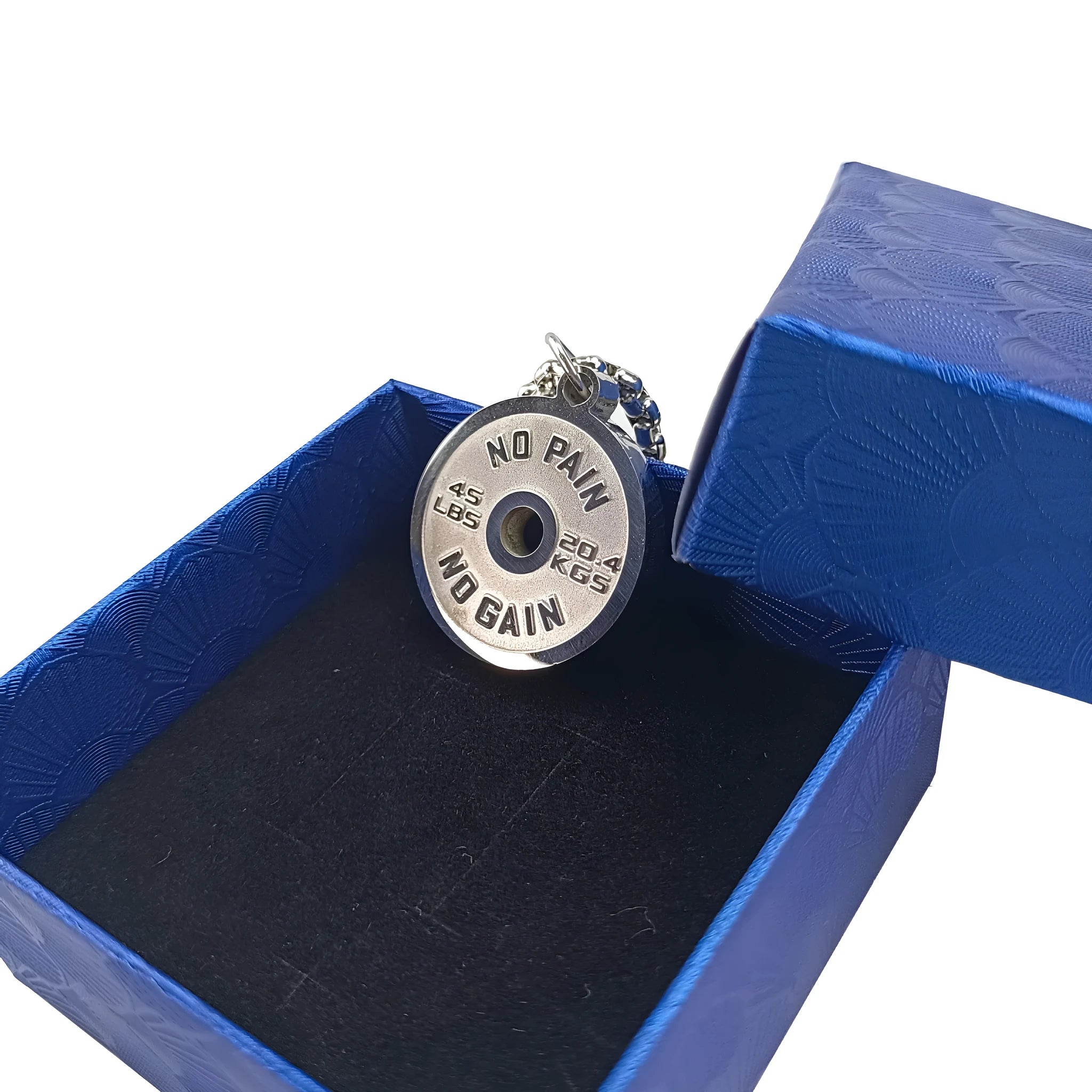 Stainless steel geometric barbell disk pendant necklace with 60cm chain on black background