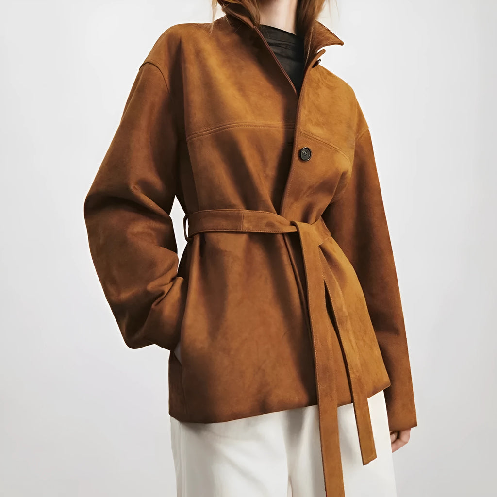 Women's retro style cashmere coat with Peter Pan collar and leather belt in caramel mocha colour