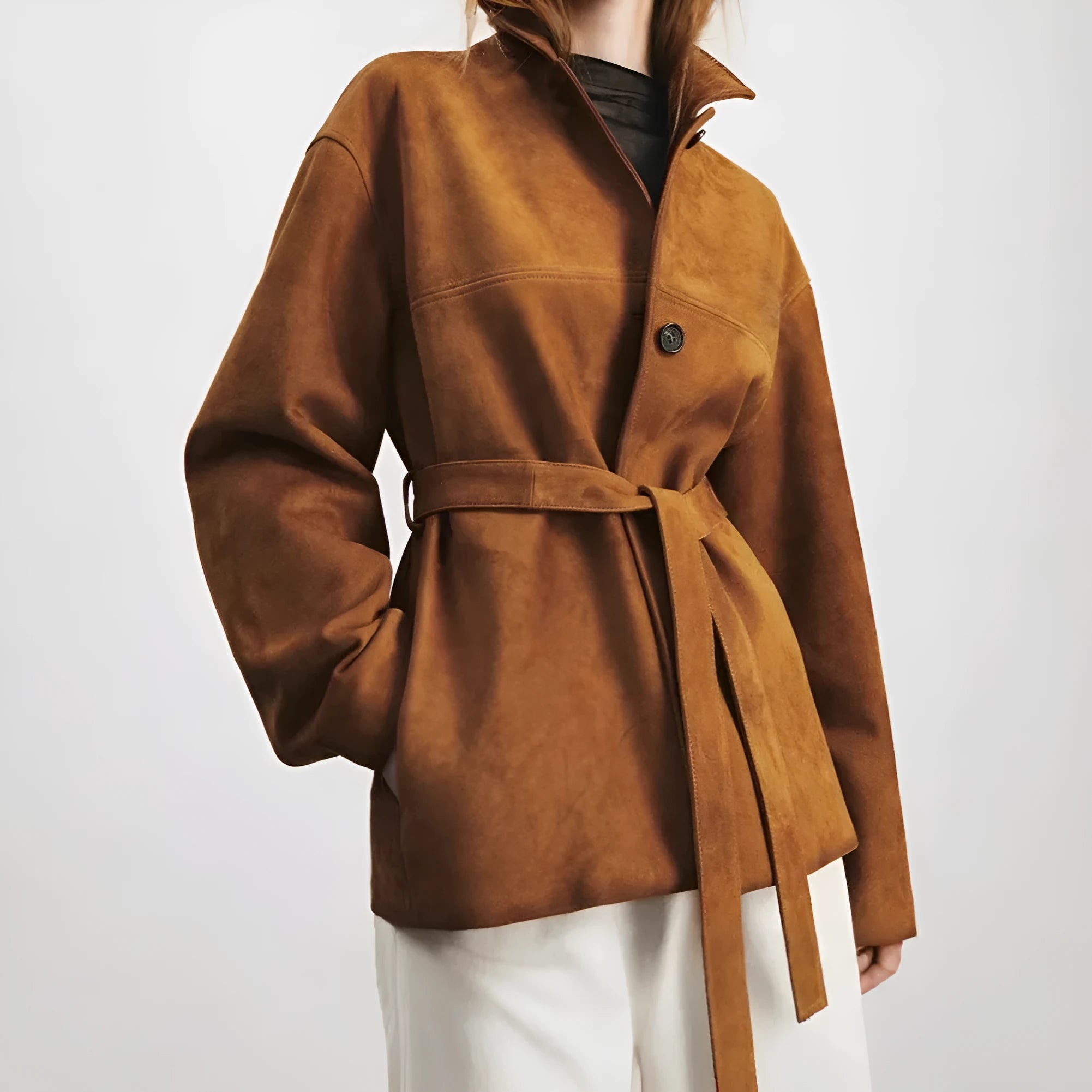 Women's retro style cashmere coat with Peter Pan collar and leather belt in caramel mocha colour
