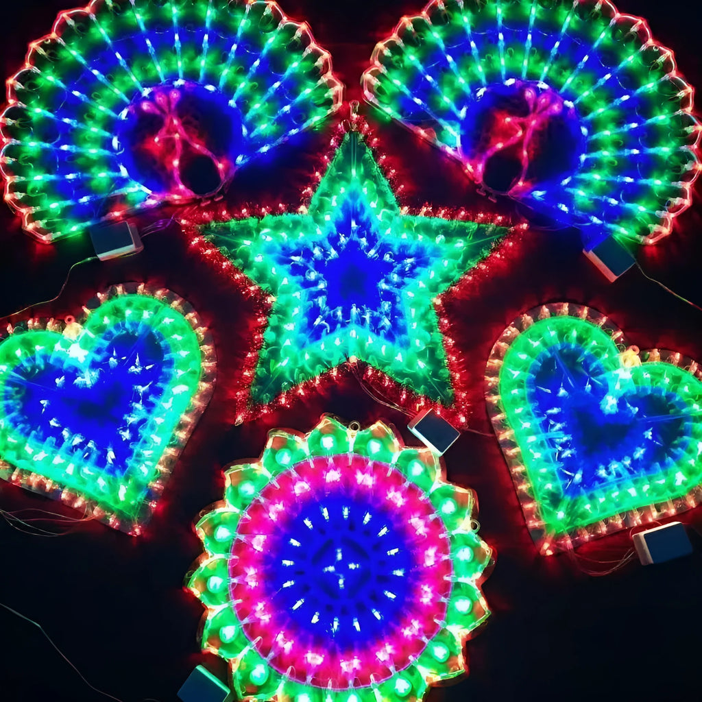 Outdoor Christmas decorative string lights with peacock, flower, love heart and star shapes IP44 rated