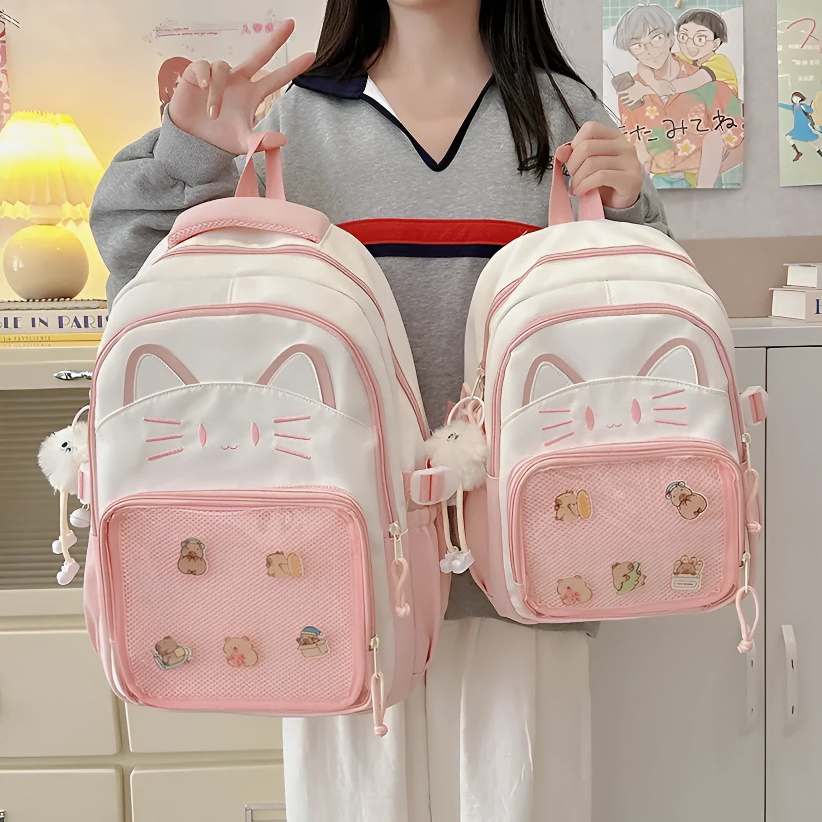 Korean cartoon pattern large backpack in multiple colours with curved straps and badge pendant option.