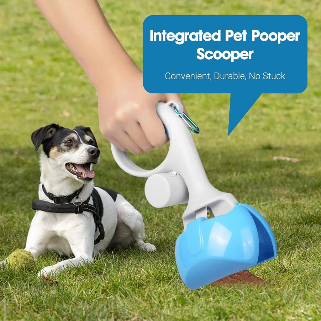 Black ABS plastic pet pooper scooper with integrated trash bag holder and top carry hook