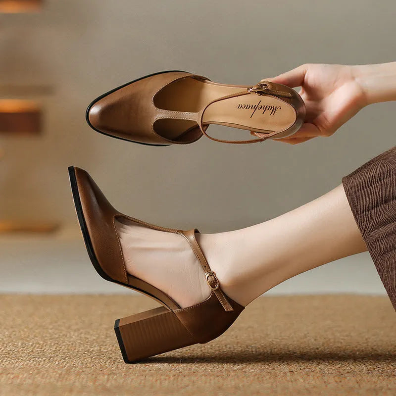 Women's retro pointed-toe Mary Jane shoes with buckle in pink or dark brown cowhide