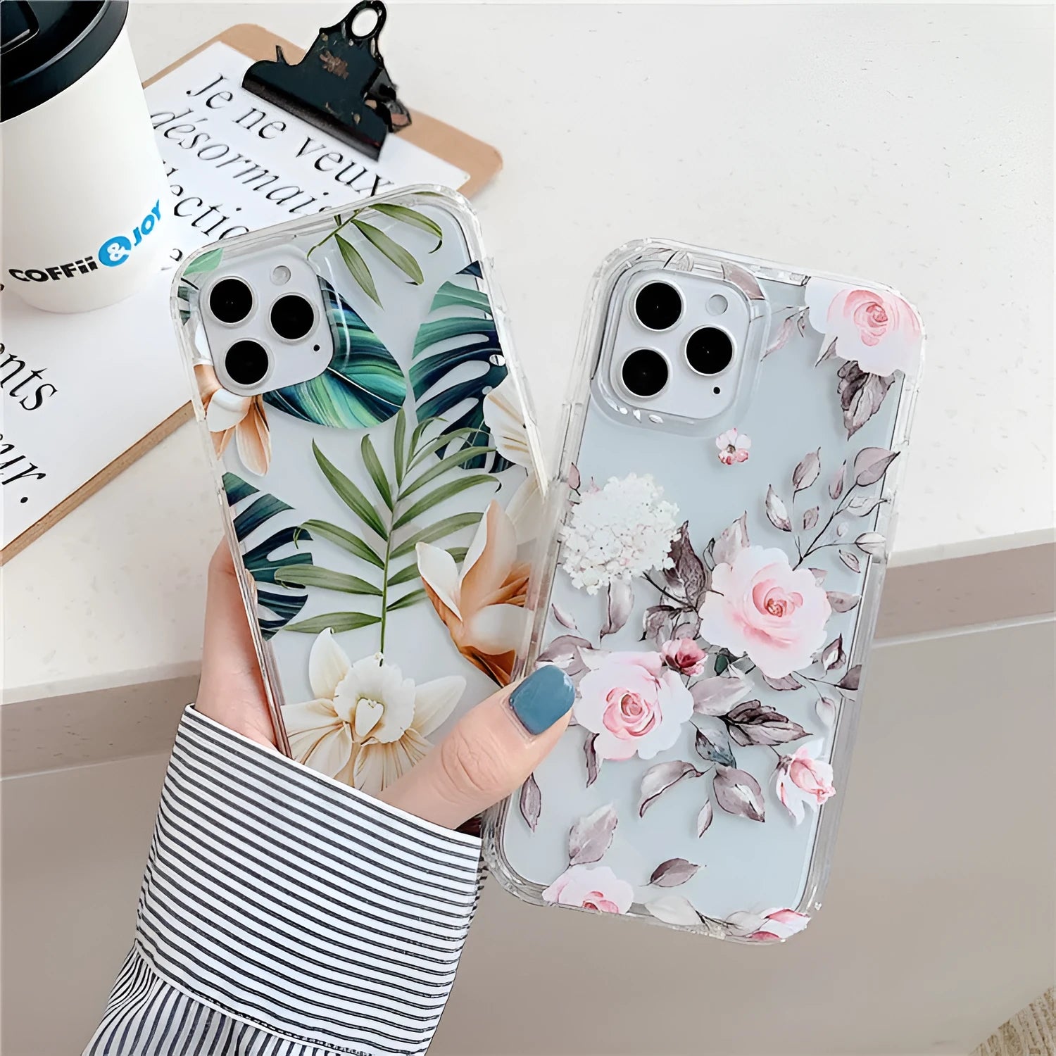Green leaf flower transparent silicone phone case for iPhone showing drop protection