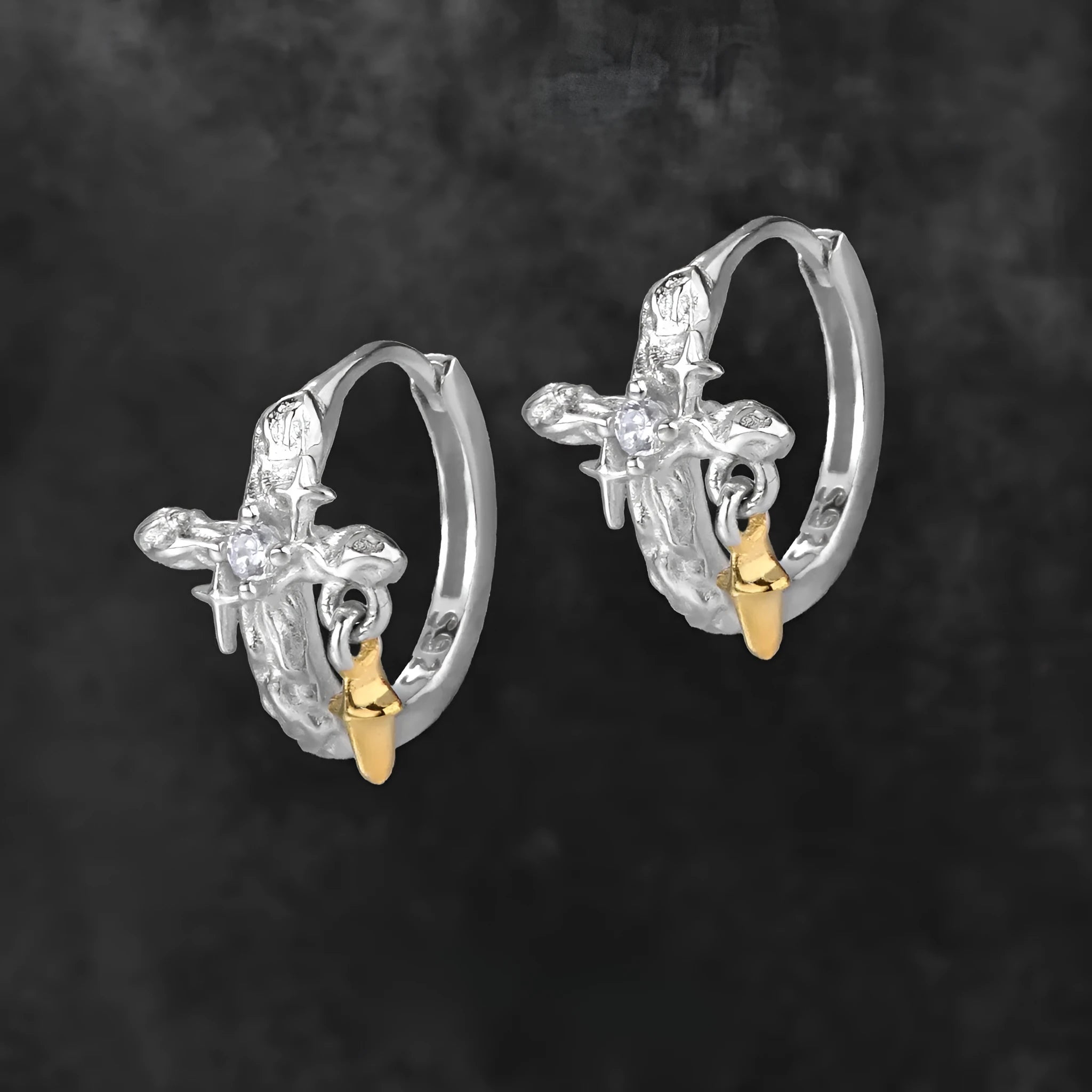 Geometric cross earrings in 925 silver with white gold colour finish