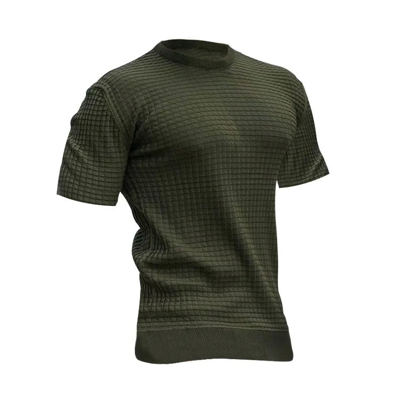 Men's round neck stretch casual trend polyester t-shirt in army green on a white background