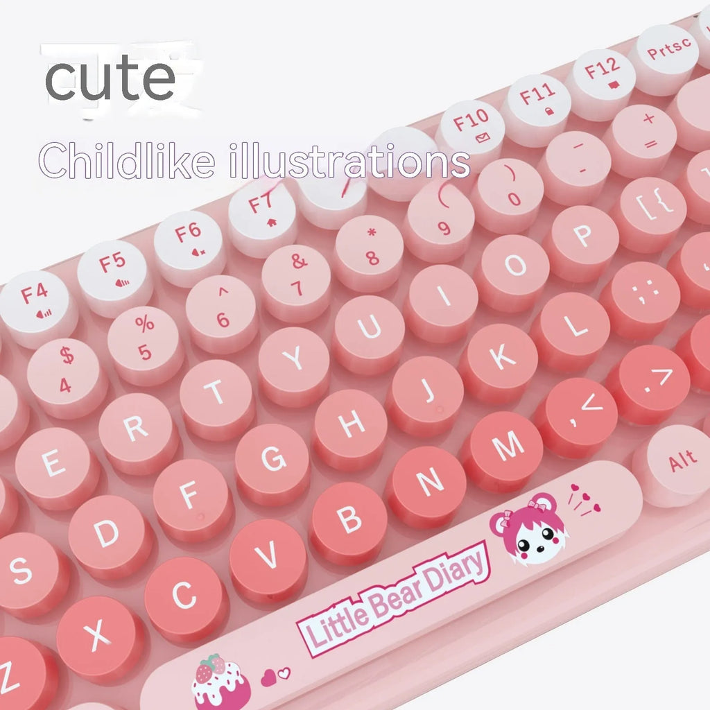 Pink wireless keyboard and mouse set with cartoon design showing keyboard dimensions of 43.5cm