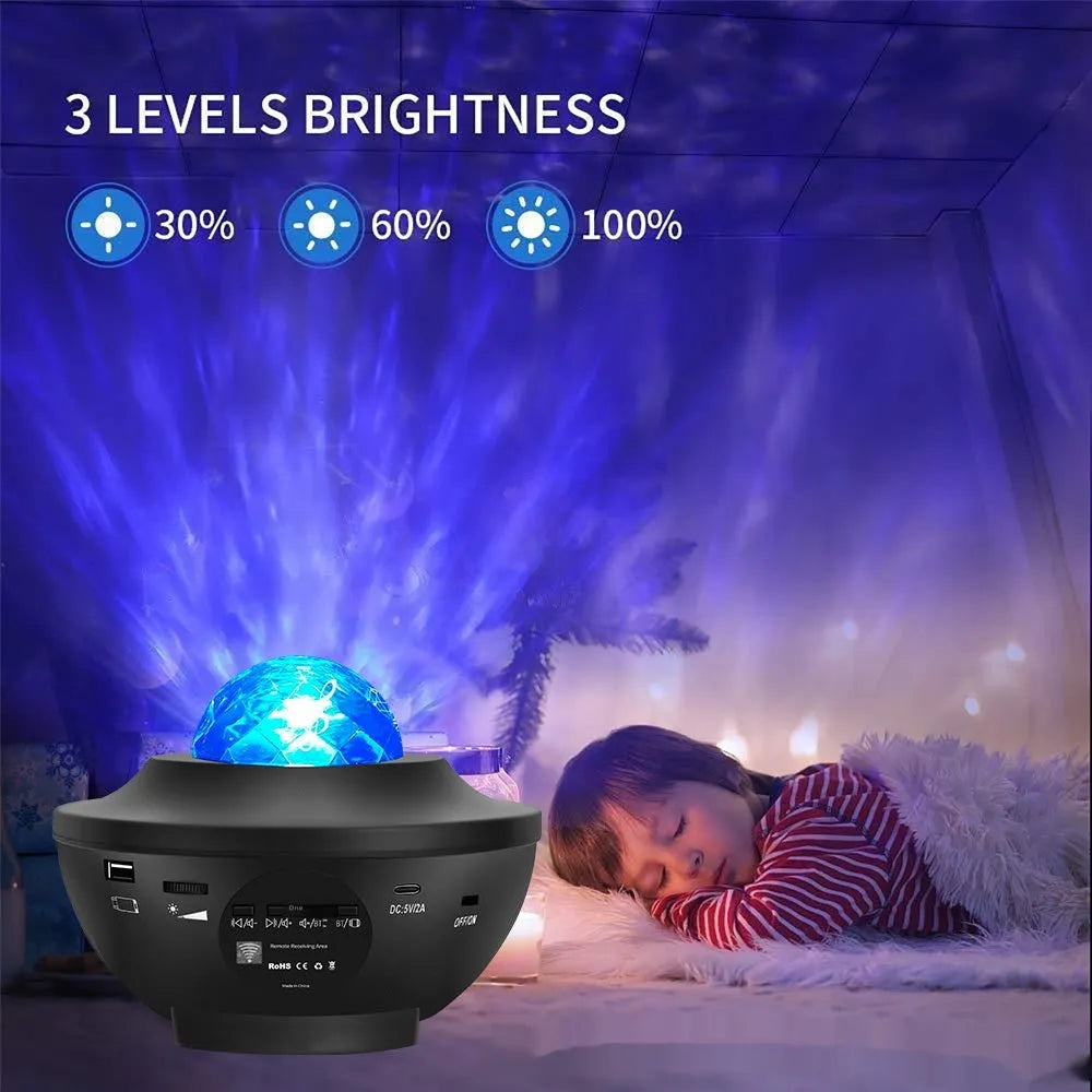 Black desktop projection lamp showing starry sky patterns with water ripple laser effects