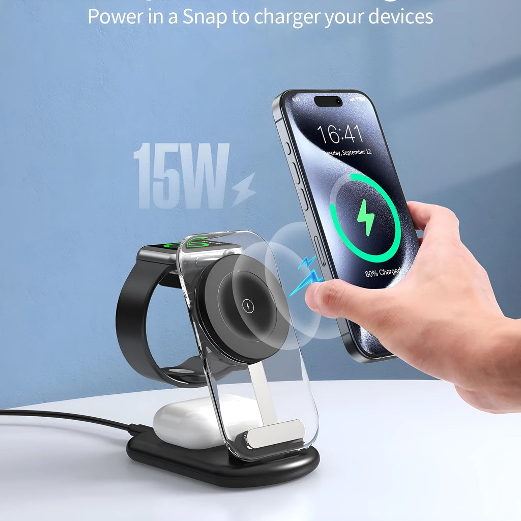 Transparent folding magnetic wireless charger showing internal components with black and white colour options