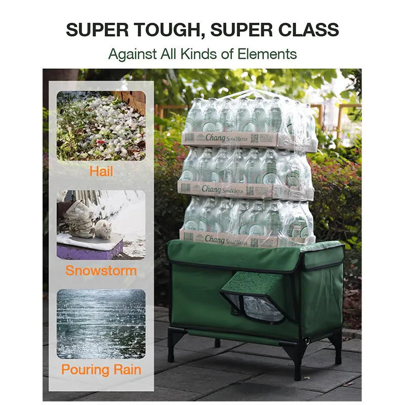 Green outdoor heated insulated foldable cat house made of 900D PVC with charger
