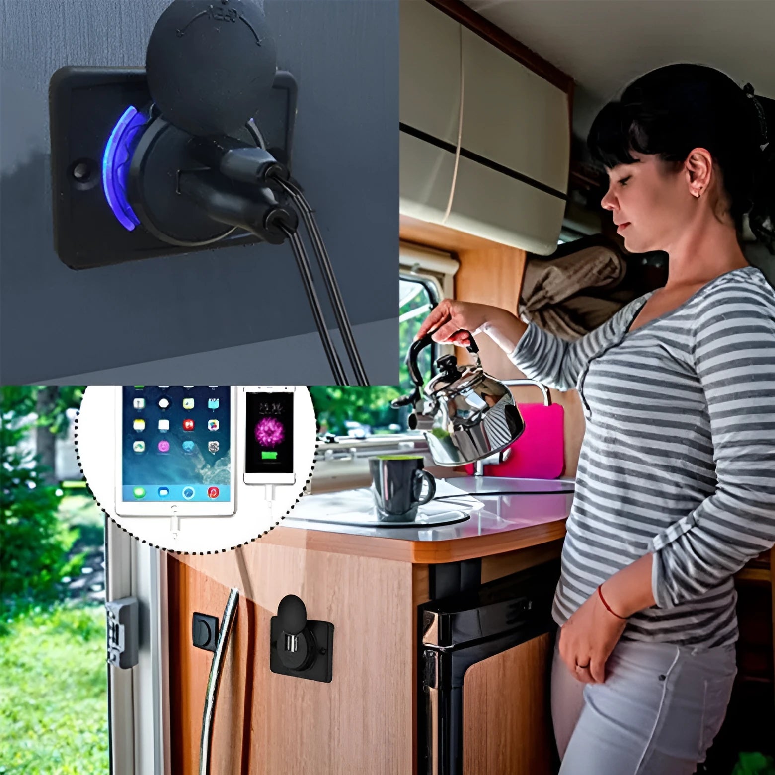 Black 12V dual USB car charger with 3.1A output and mounting screws