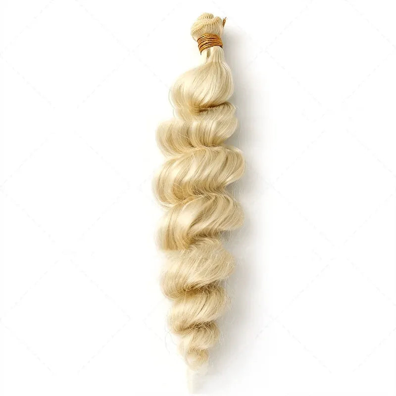 Golden synthetic hair weft wig for women shown in 18 inch, 20 inch and 22 inch length options.