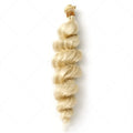 Golden synthetic hair weft wig for women shown in 18 inch, 20 inch and 22 inch length options.