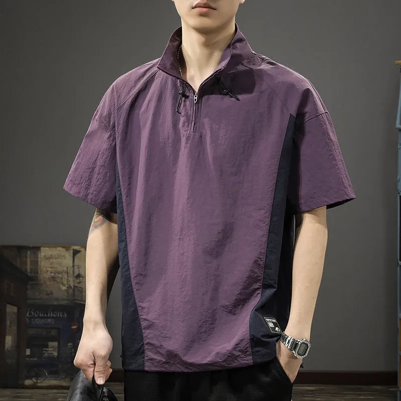 Men's brown ice silk business shirt with half-zip stand collar and short sleeves shown front view