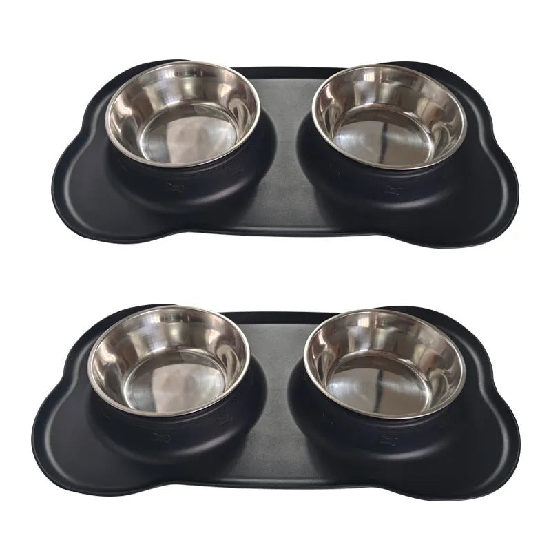 Large silicone pet feeding mat with two stainless steel bowls in silver grey colour