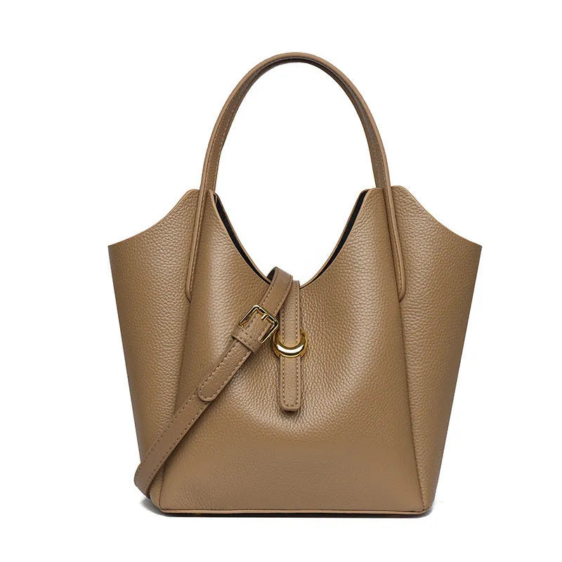 Women's genuine leather retro bucket bag with file compartment in lake blue colour