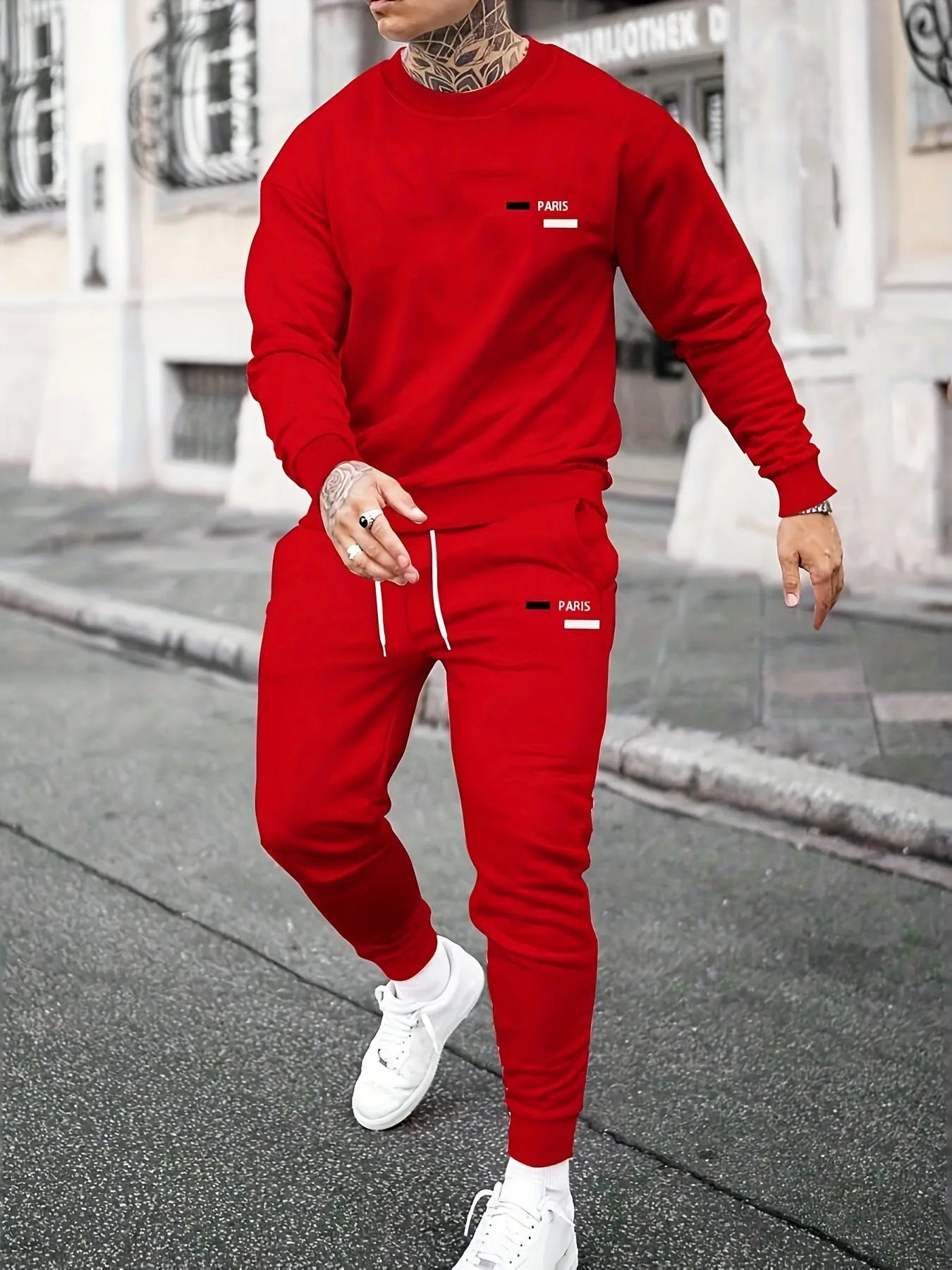 Women's casual printed fleece hoodie and pants set in red, synthetic fibre blend, sizes S to 3XL