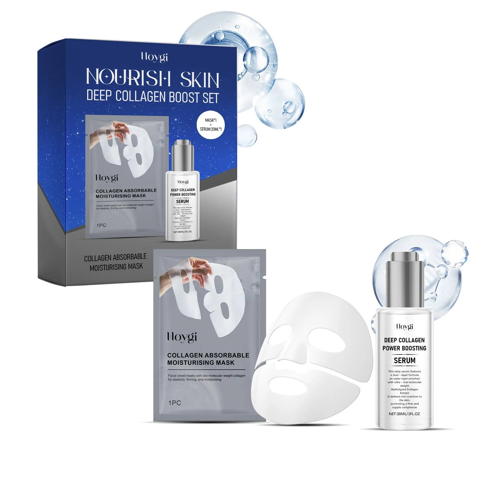 Collagen moisturising skincare set with a facial mask and a 30ML bottle of essence serum.