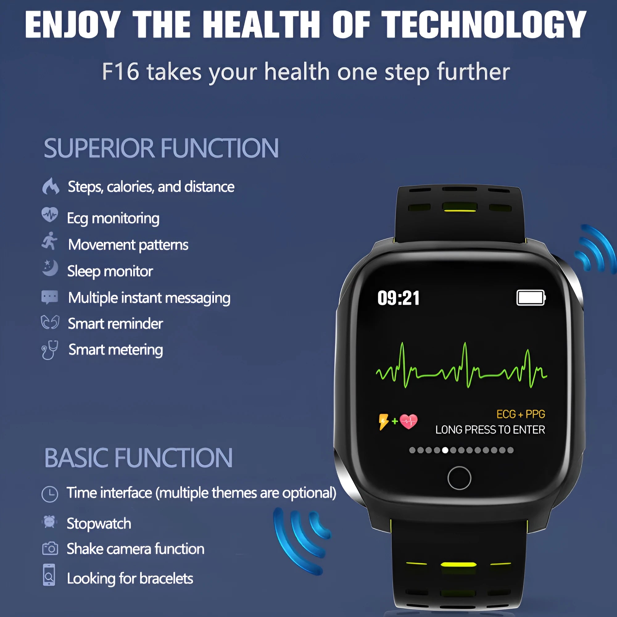 F16 Smart Watch with ECG monitoring on wrist in black/green colour combination