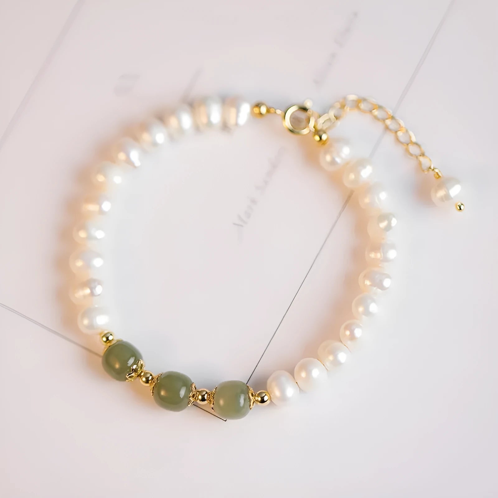Natural freshwater pearl bracelet with electroplated diamond beads in Hetian jade colour