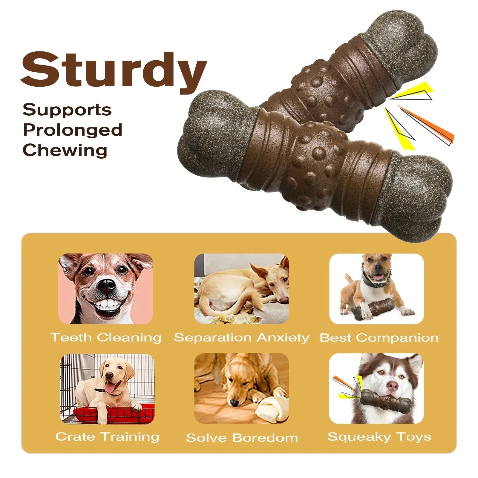 Wood colour plastic dog dental bone toy with integrated molar rod for teeth cleaning