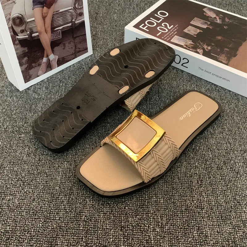 Women's casual flat slippers in apricot, black and khaki with a textured PVC sole.