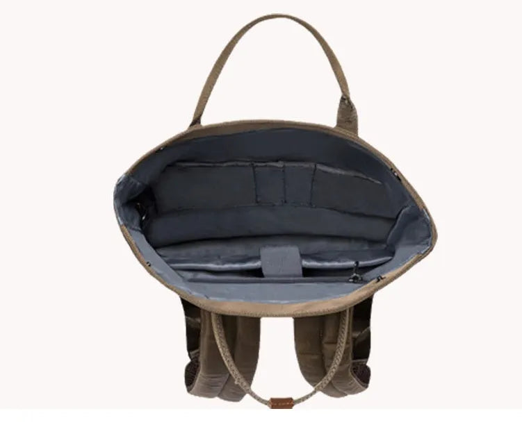 Casual black polyester backpack with cover-type opening, showing internal computer and zipper pockets.
