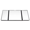 Silver car folding makeup mirror shown both closed and opened to show size difference