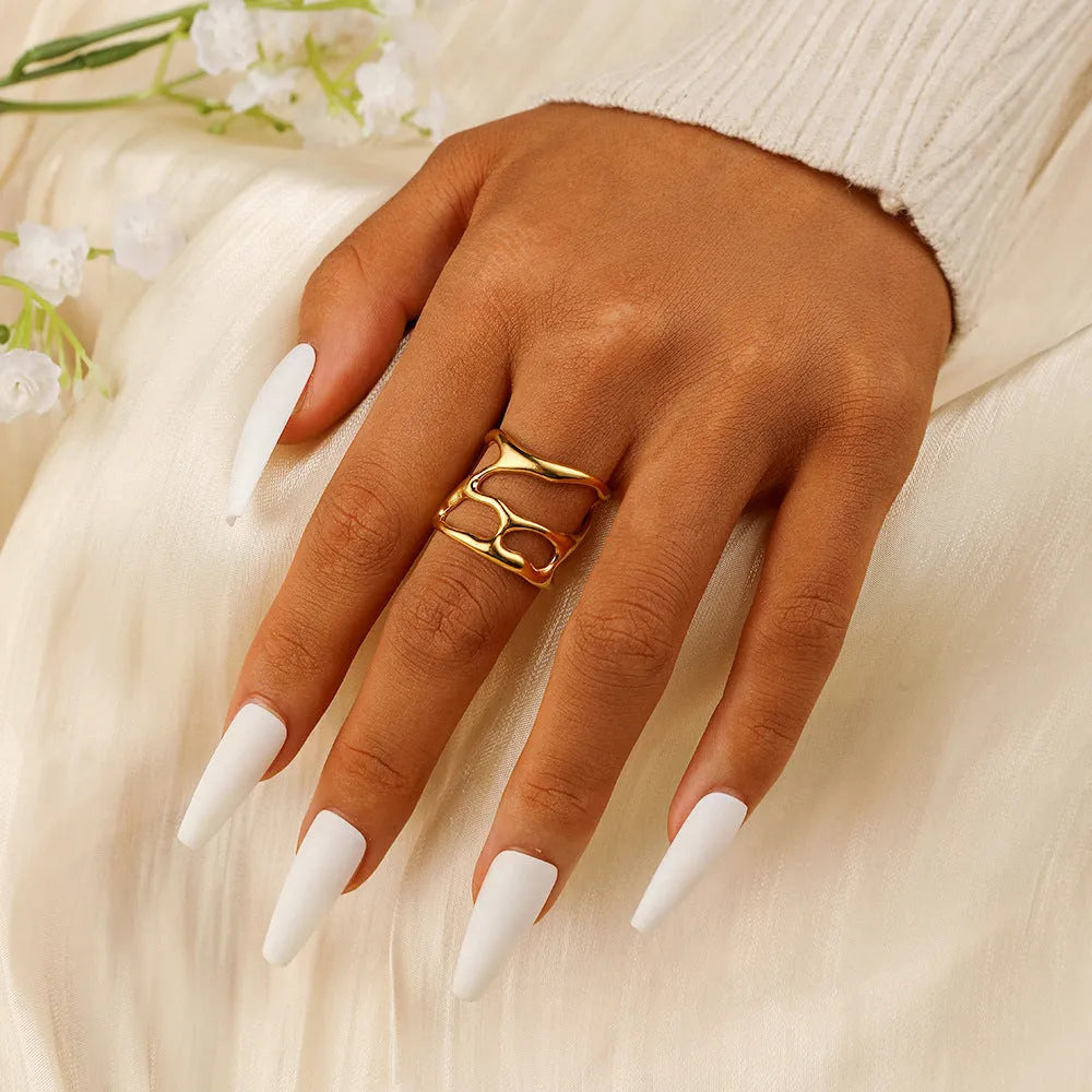 Stainless steel open adjustable geometric ring J1064 with electroplated golden finish and hollow linear design