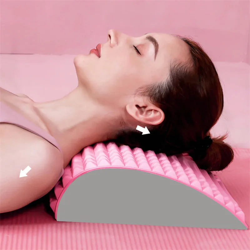 Blue EVA foam back stretcher pillow for neck and lumbar pain relief, 33cm long on a chair