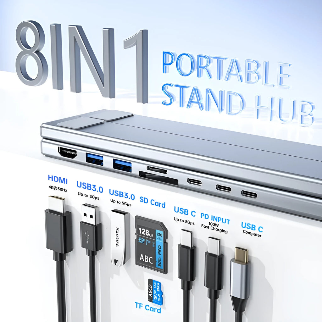 Aluminium alloy folding laptop docking station stand with multi-port HUB and 0.6m cable