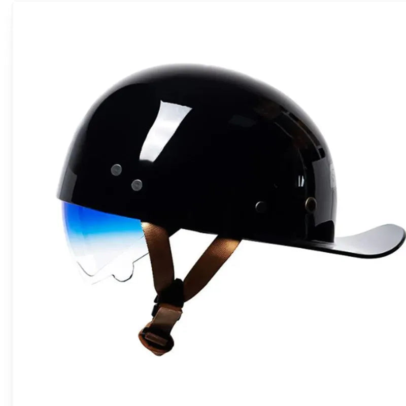 Retro half helmet for electric bicycles in bright black gradient blue colour with matching lens