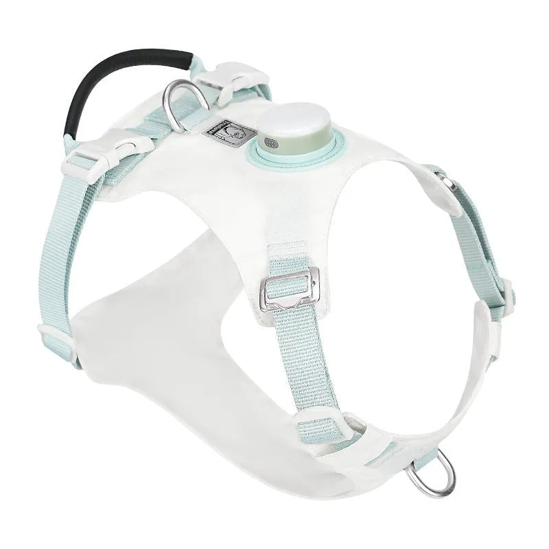 LED dog chest harness in light purple nylon with adjustable straps for night walking safety