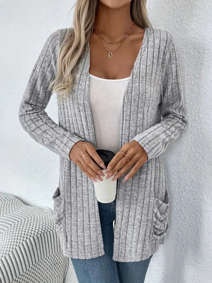 Solid colour long sleeve loose fit cardigan in black or grandmother grey colours
