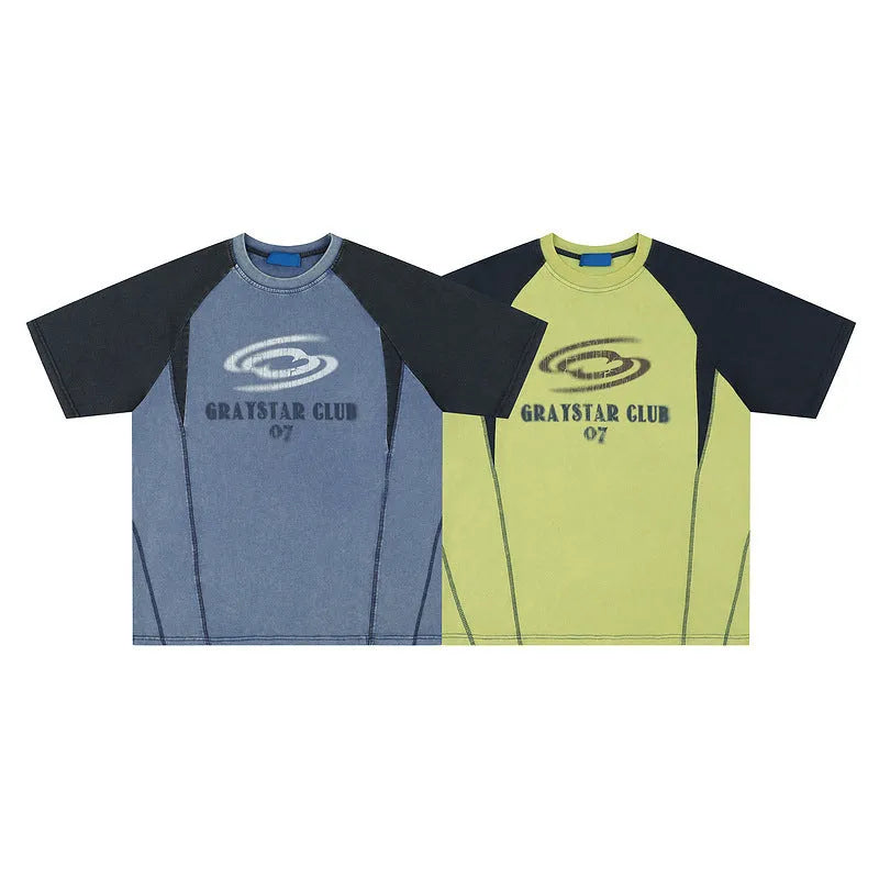 Men's blue raglan sleeve t-shirt with hip hop letter print design showing loose fit casual style