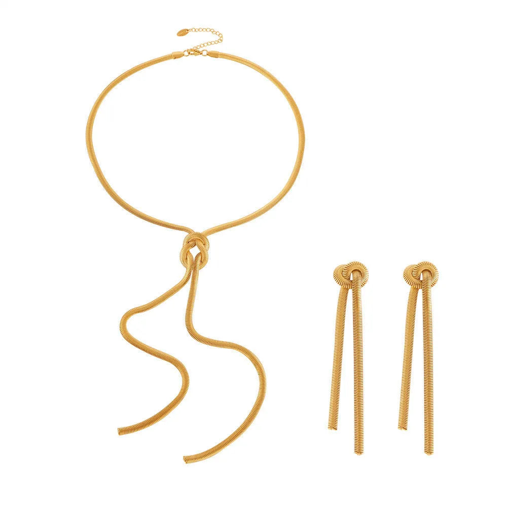 Gold electroplated titanium steel necklace with snake chain and tassel pendant with matching earrings jewellery set