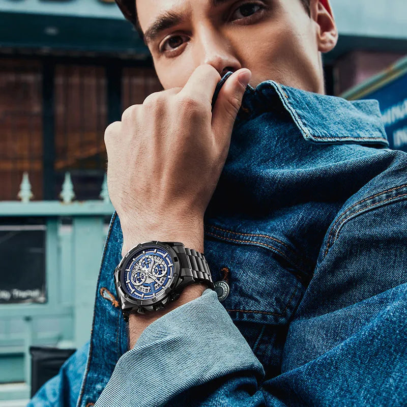 Men's waterproof luminous watch with steel belt in black and blue colour variant.