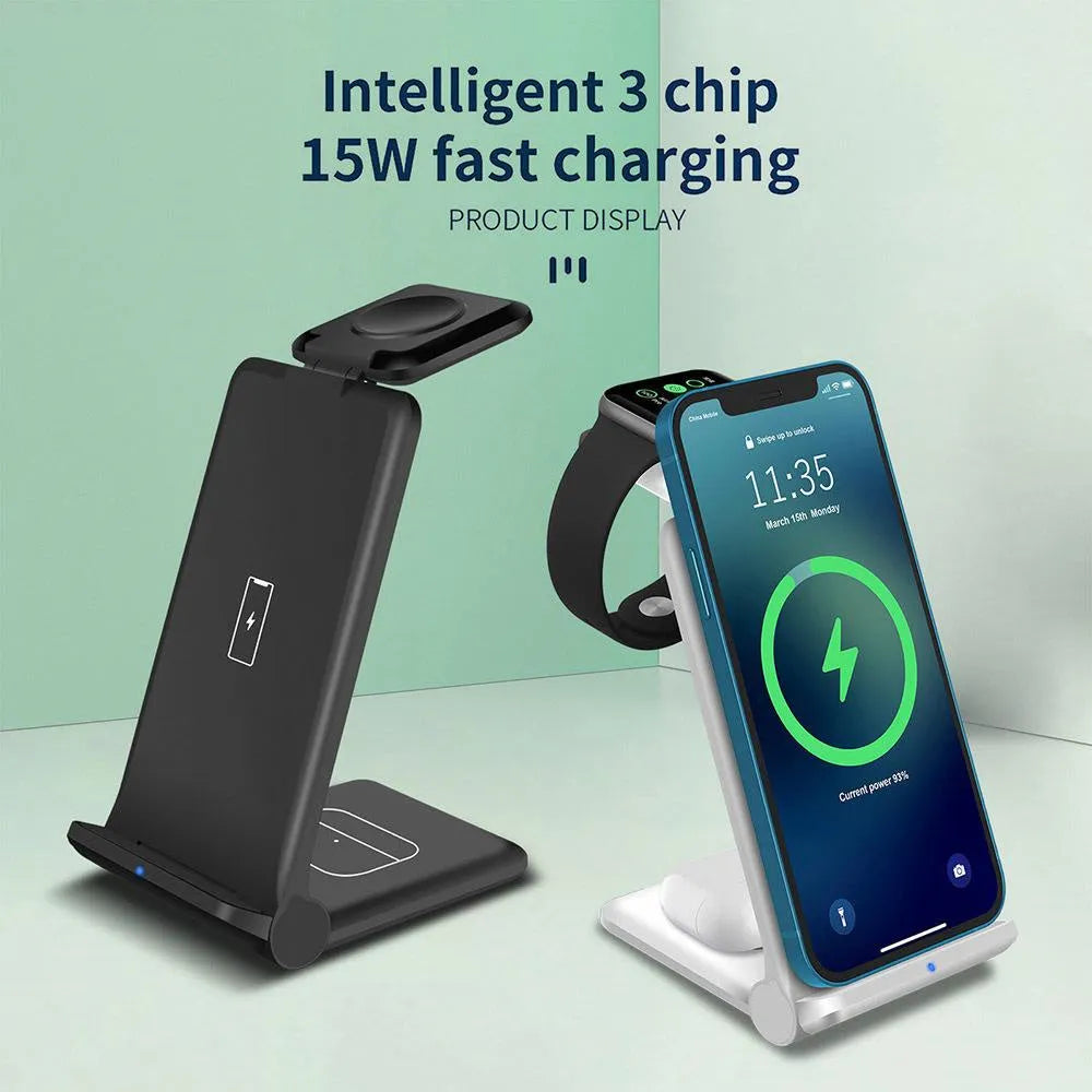 White 3-in-1 foldable wireless charging station dock for phone, AirPods, and Apple Watch on a desk.