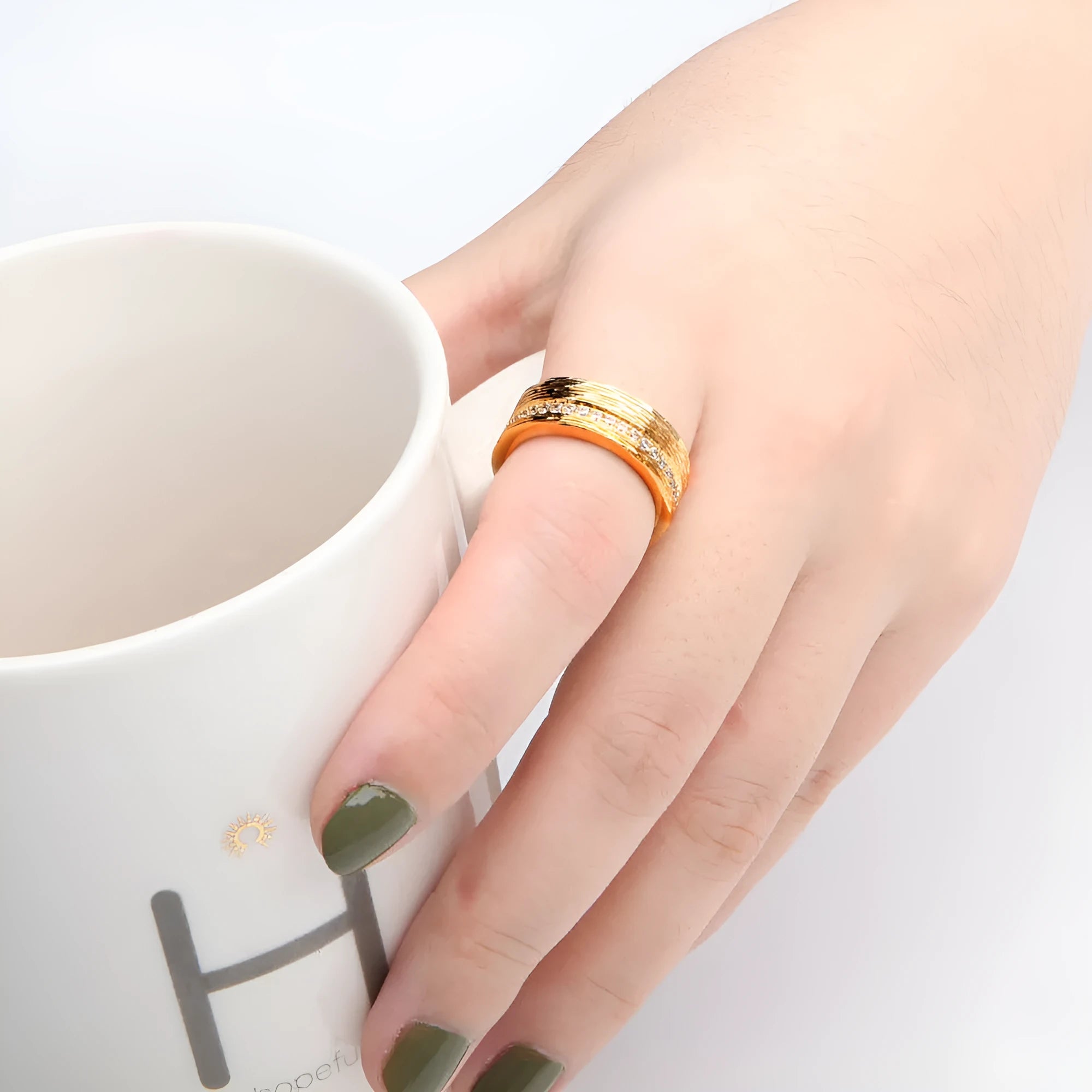Women's copper zircon ring with gold electroplating geometric design