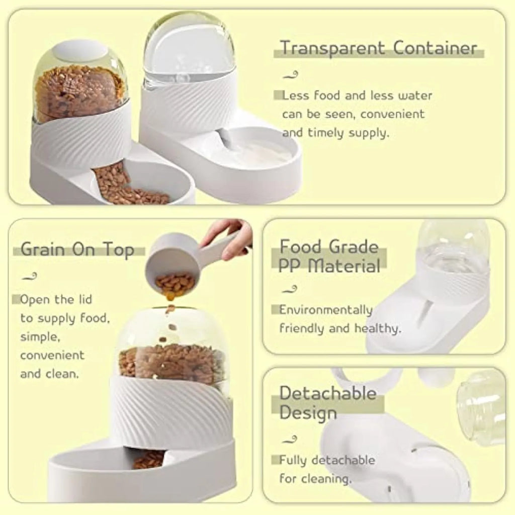 White automatic cat feeder and water dispenser set with 2 litre capacity gravity system