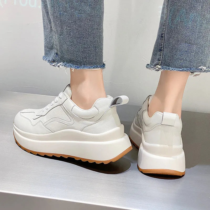 Women's white beige cowhide leather casual sports shoes with cross strap and English muffin heel